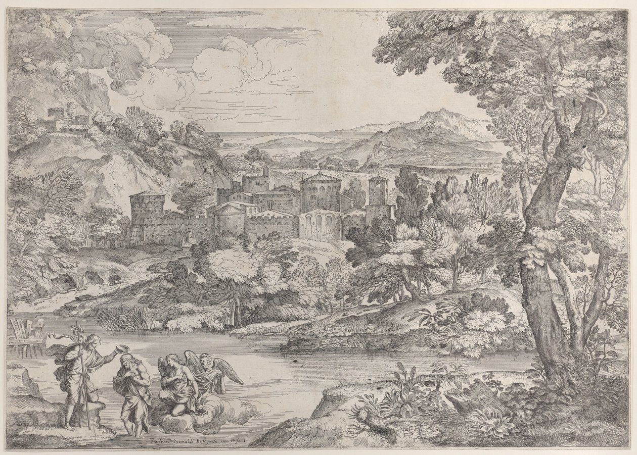 Kristuksen kaste alhaalla vasemmalla, maiseman sisällä, 1626-80., 1626-80. tekijältä Giovanni Francesco Grimaldi
