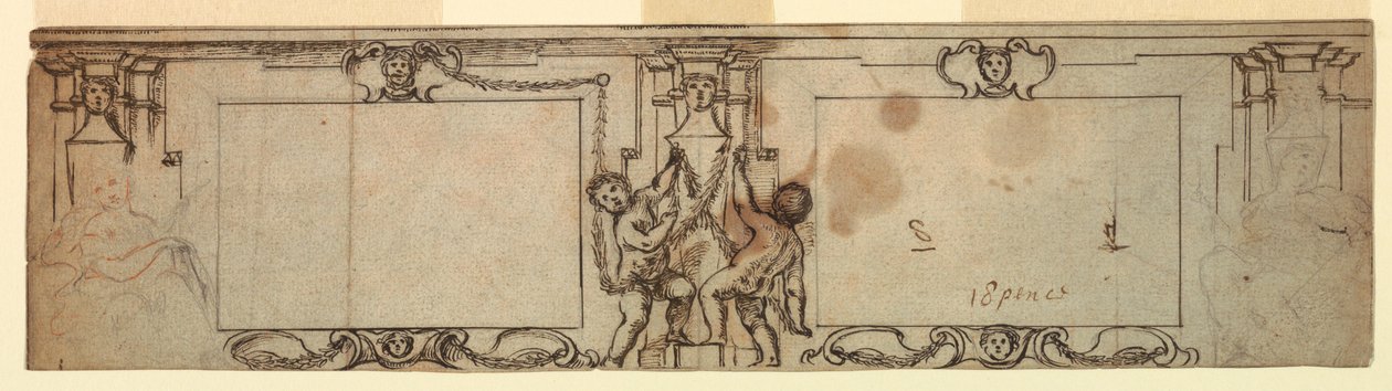Piirustus, kaiverrettujen paneelien projekti, 1650 tekijältä Giovanni Francesco Romanelli