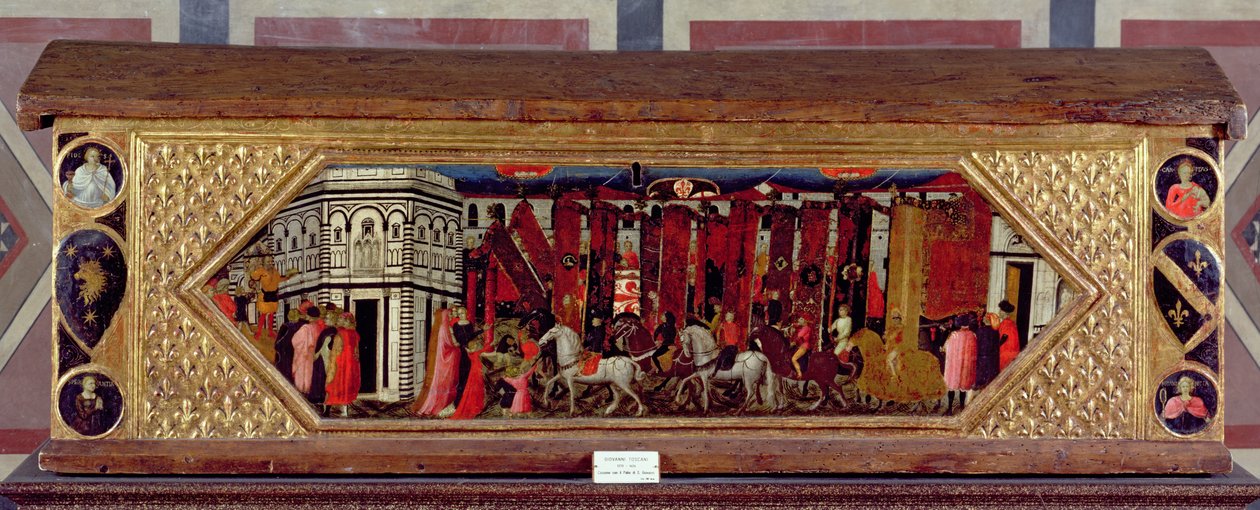 Cassone koristeltu kohtauksella S. Giovannin Paliosta (tempera paneelissa) tekijältä Giovanni Francesco Toscani