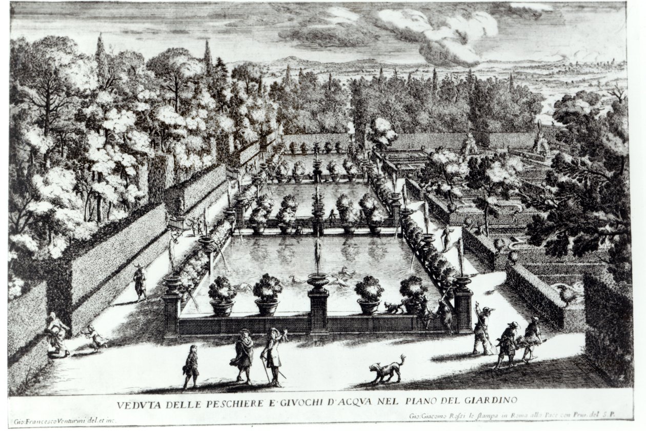 Kalalammet Villa dEstessä, Tivolissa, Giovanni Battista Faldan (n. 1648-1787) Le Fontanen teoksesta, julkaisija 1689 tekijältä Giovanni Francesco Venturini