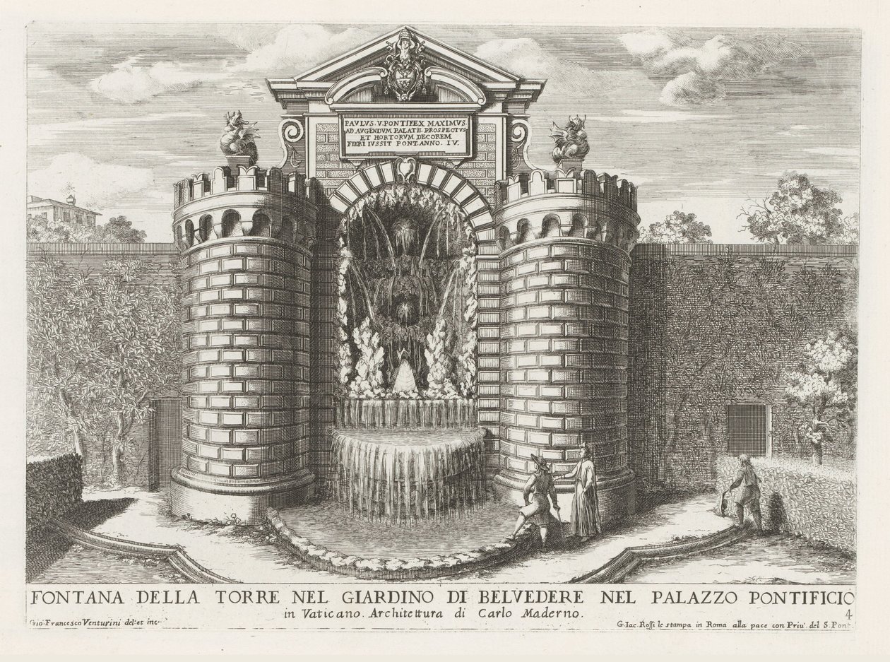 Fontein in de Vaticaanse tuinen Torni suihkulähde Belvederen puutarhassa Paavin palatsissa (...) (otsikko esineessä) Suihkulähteet Rooman palatseissa ja puutarhoissa (sarjan nimi) Fonteinen in de paleizen en tuinen van Rome (sarjan nimi) tekijältä Giovanni Francesco Venturini