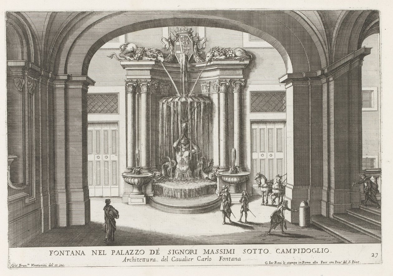Fontein in de binnenplaats van het Palazzo Massimo di Rignano te Rome Suihkulähde Palazzo de Signori Massimissa Campidoglion alla (otsikko esineessä) Suihkulähteet Rooman palatseissa ja puutarhoissa (sarjan nimi) Fonteinen in de paleizen en tuinen van Rome tekijältä Giovanni Francesco Venturini