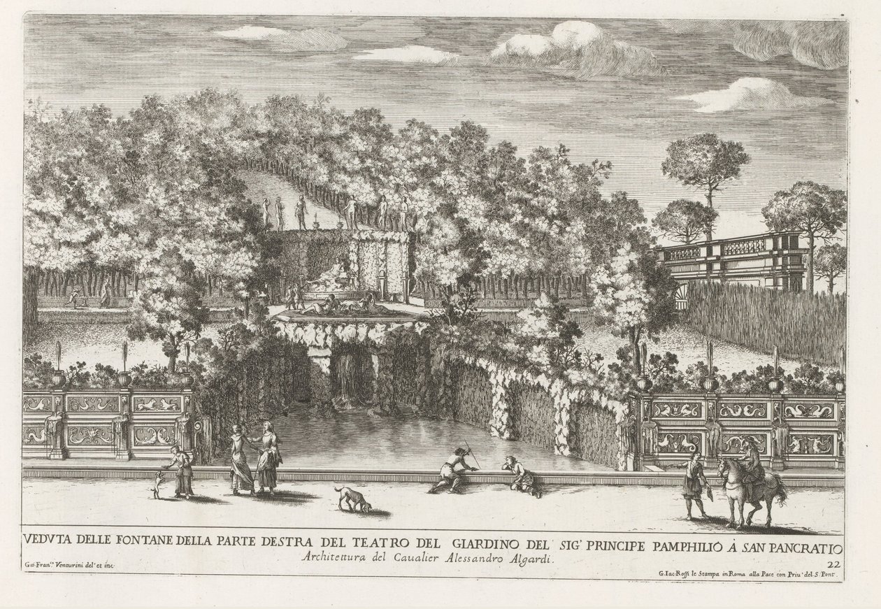 Fontein in de tuinen Villa Doria Pamphilj te Roomassa Näkymä suihkulähteille puutarhateatterin oikealla puolella (...) (otsikko esineessä) Suihkulähteet Rooman palatseissa ja puutarhoissa (sarjan nimi) Fonteinen in de paleizen en tuinen van Rome (sarja tekijältä Giovanni Francesco Venturini