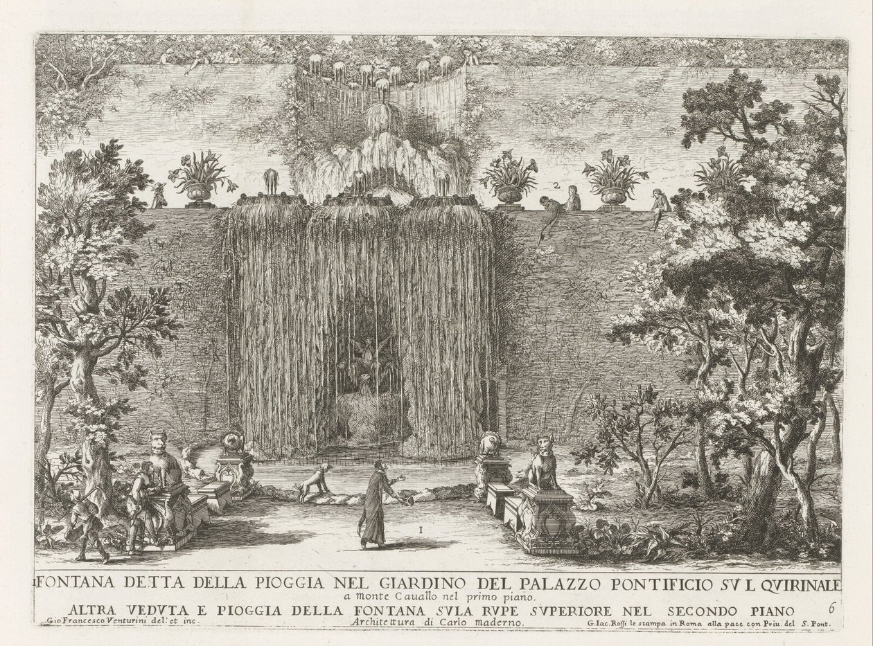 Fontein in de tuinen van het Quirinal Palace Roomassa Sateena tunnettu suihkulähde Quirinalen paavinpalatsin puutarhassa (...) (otsikko esineessä) Suihkulähteet Rooman palatseissa ja puutarhoissa (sarjan nimi) Fonteinen in de paleizen en tuine tekijältä Giovanni Francesco Venturini