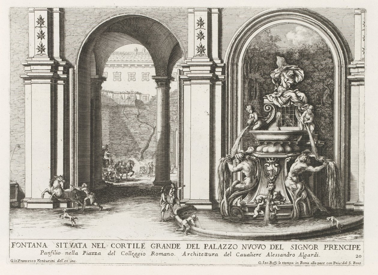Fontein in een binnenplaats van het Palazzo Doria Pamphilj te Rome Suihkulähde Palazzo Nuovo del Signor prencipen suurella sisäpihalla (...) (otsikko esineessä) Suihkulähteet Rooman palatseissa ja puutarhoissa (sarjan nimi) Fonteinen in de paleizen en tu tekijältä Giovanni Francesco Venturini