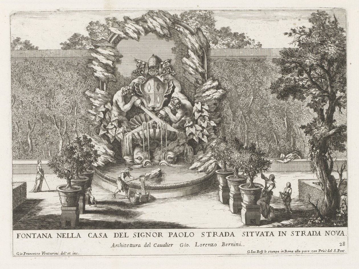 Suihkulähde, jossa paavin vaakuna, kaksi tritonia ja delfiinejä Fontana nella casa del signor Paolo strada situata in strada nova (otsikko esineessä) Le fontane ne palazzi e ne giardini di Roma (sarjan nimi) Suihkulähteet Rooman palatseissa ja puutarhoissa tekijältä Giovanni Francesco Venturini