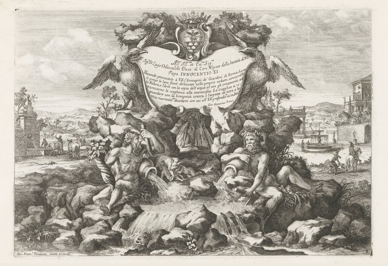 Suihkulähde, jossa Livio Odescalchin omistautuminen ja vaakuna Le fontane ne palazzi e ne giardini di Roma (sarjan nimi) Suihkulähteet Rooman palatseissa ja puutarhoissa (sarjan nimi) tekijältä Giovanni Francesco Venturini