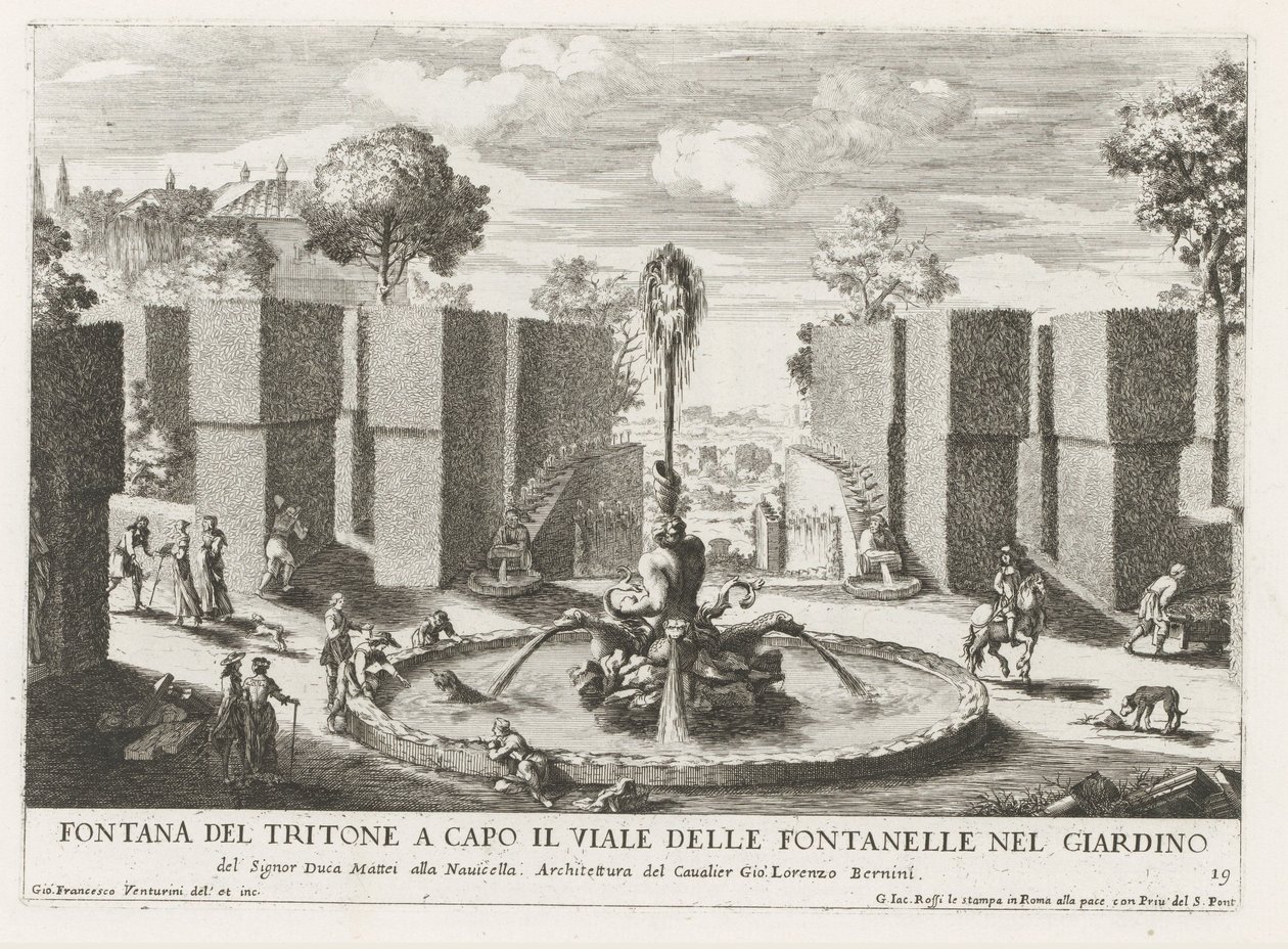 Fontein tapasi tritonin de tuinen van de Villa Celimontana te Roomassa Triton-suihkulähde puutarhan suihkulähteiden kadun päässä (...) (otsikko esineessä) Suihkulähteet Rooman palatseissa ja puutarhoissa (sarjan nimi) Fonteinen in de paleizen en tuinen van tekijältä Giovanni Francesco Venturini