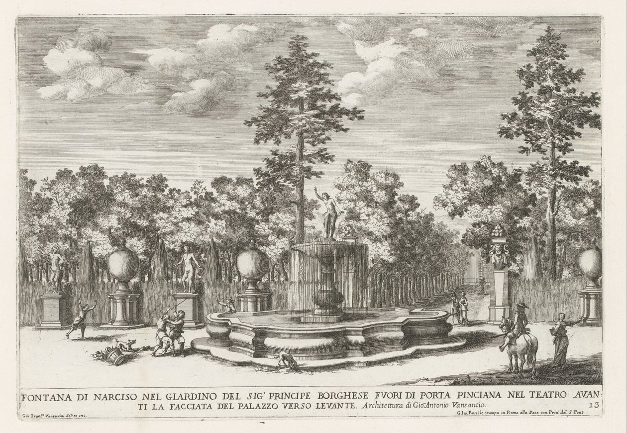 Fontein van Narcissus Villa Borghesessa Roomassa Narkissuksen suihkulähde herra Principe Borghesen puutarhassa (...) (otsikko esineessä) Suihkulähteet Rooman palatseissa ja puutarhoissa (sarjan nimi) Fonteinen in de paleizen en tuinen van Rome (sarjan nimi tekijältä Giovanni Francesco Venturini