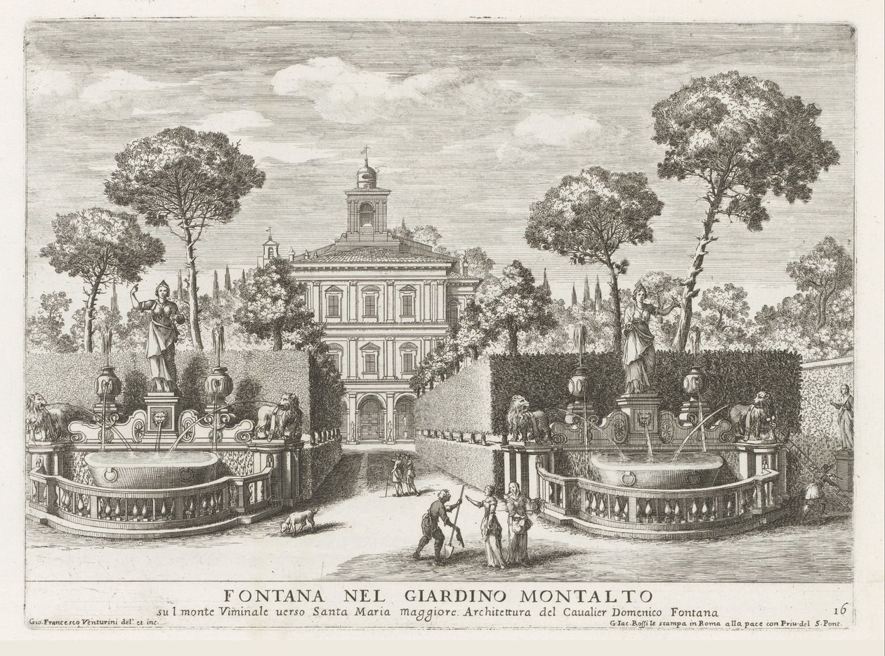 Fonteinen Villa Montalto Negronissa Roomassa Suihkulähde Montalton puutarhassa (...) (otsikko esineessä) Suihkulähteet Rooman palatseissa ja puutarhoissa (sarjan nimi) Fonteinen in de paleizen en tuinen van Rome (sarjan nimi) tekijältä Giovanni Francesco Venturini
