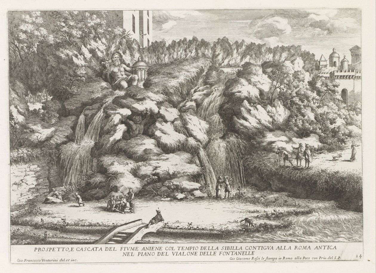 Landschap met cascade en Tempel van de Tiburtijnse Sibille t ja Tivoli Aniene-joen kohouma ja vesiputous sekä sibylin temppeli (...) (otsikko esineessä) Estense-puutarhan suihkulähteet Tivolissa (sarjan nimi) Fonteinen in de tuinen van Villa d