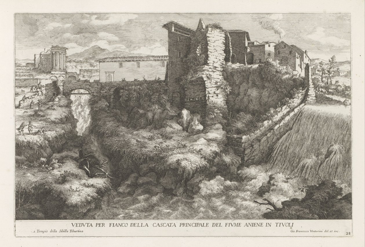 Landschap met waterval en tempel van de Tiburtijnse Sibille t ja Tivoli Sivukuva Aniene-joen päävesiputouksesta Tivolissa (otsikko esineessä) Estense-puutarhan suihkulähteet Tivolissa (sarjan nimi) Fonteinen in de tuinen van Villa d