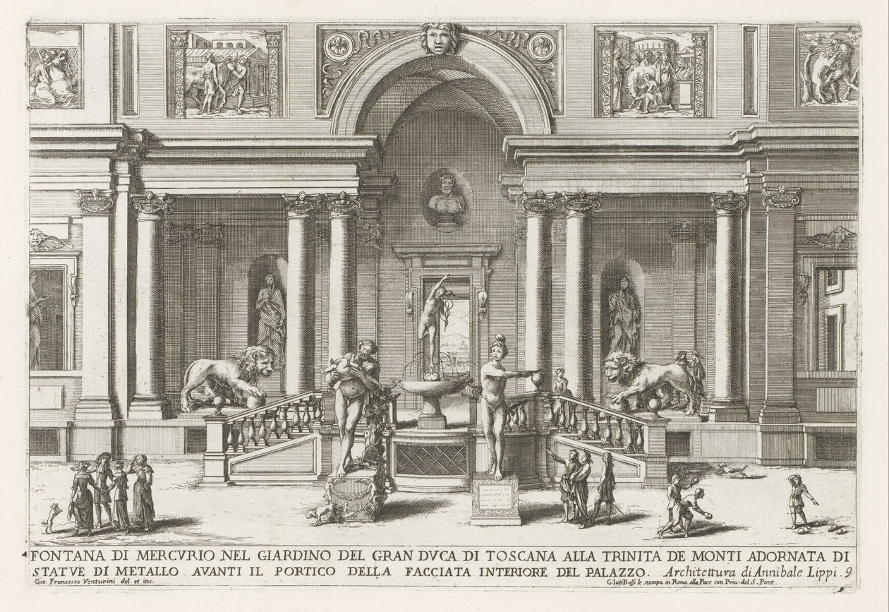 Loggia ja Villa Medici Roomassa Merkuriuksen suihkulähde Toscanan suurherttuan puutarhassa Trinita de Montissa (...) (otsikko esineessä) Suihkulähteet Rooman palatseissa ja puutarhoissa (sarjan nimi) Fonteinen in de paleizen en tuinen van Rome (se tekijältä Giovanni Francesco Venturini