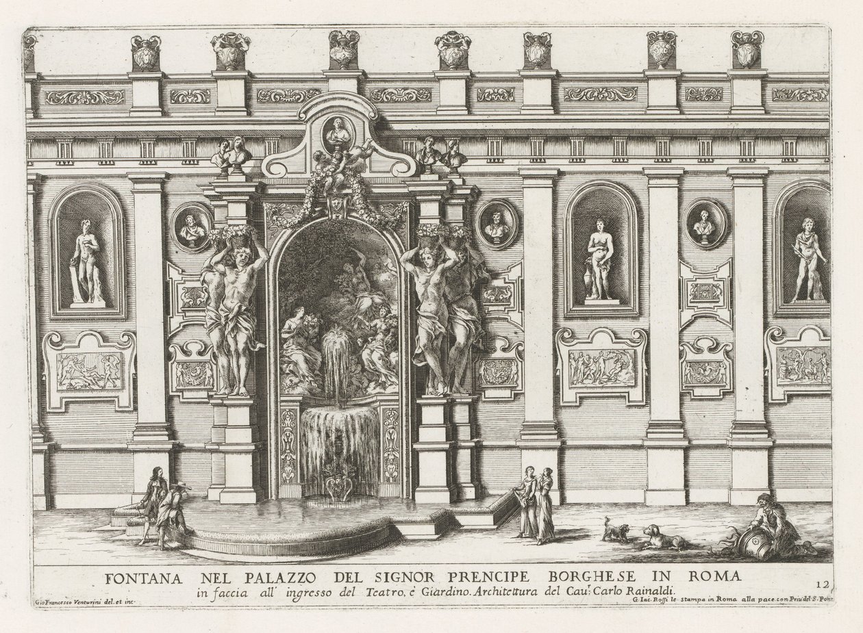 Nymphaeum in de binnenplaats van het Palazzo Borghese te Rome Suihkulähde Signor prencipe Borghesen palatsissa Roomassa (...) (otsikko esineessä) Suihkulähteet Rooman palatseissa ja puutarhoissa (sarjan nimi) Fonteinen in de paleizen en tuinen van Rome (sa tekijältä Giovanni Francesco Venturini