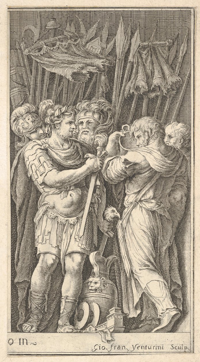 Sotilaat, yksi edessä ja miekka kädessään, oikealla sotilas ba..., n. 1650-1700. tekijältä Giovanni Francesco Venturini