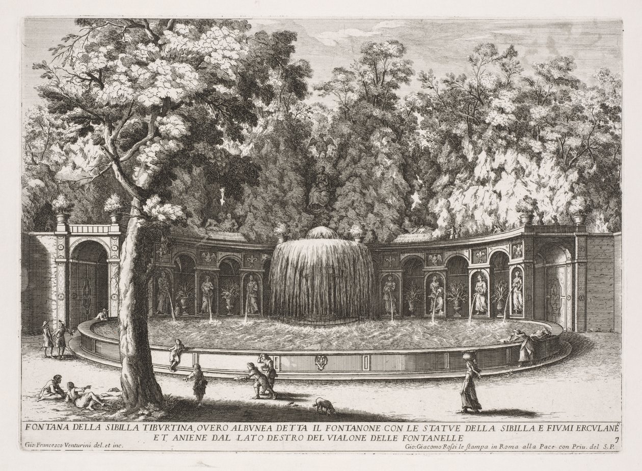 Rooman suihkulähteet, kirja IV, levy 7: Tiburtine Sibylin suihkulähde (Fontana della Sibilla Tiburtina) tekijältä Giovanni Francesco Venturini