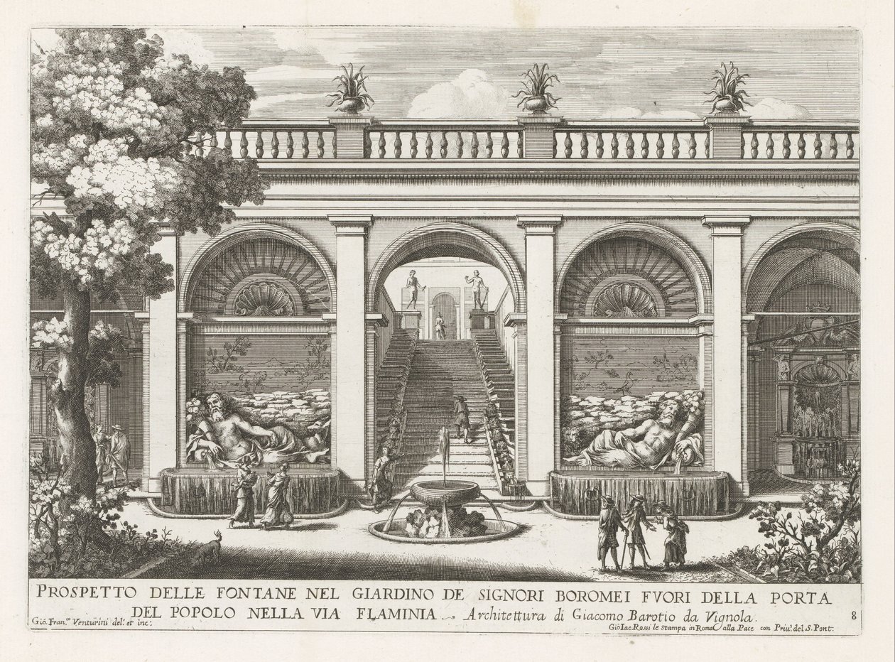 Tuin van een paleis te Rooma Esite lordi Boromein puutarhan suihkulähteistä (...) (otsikko esineessä) Suihkulähteet Rooman palatseissa ja puutarhoissa (sarjan nimi) Fonteinen in de paleizen en tuinen van Rome (sarjan nimi) tekijältä Giovanni Francesco Venturini
