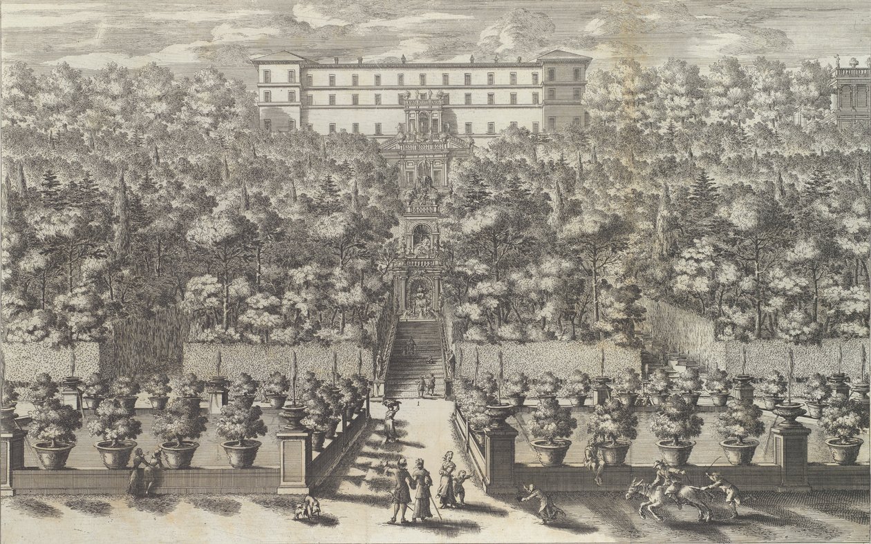 Näkymä palatsille puutarhakerroksesta ja sen suihkulähteistä ..., 1691 tai sen jälkeen. tekijältä Giovanni Francesco Venturini