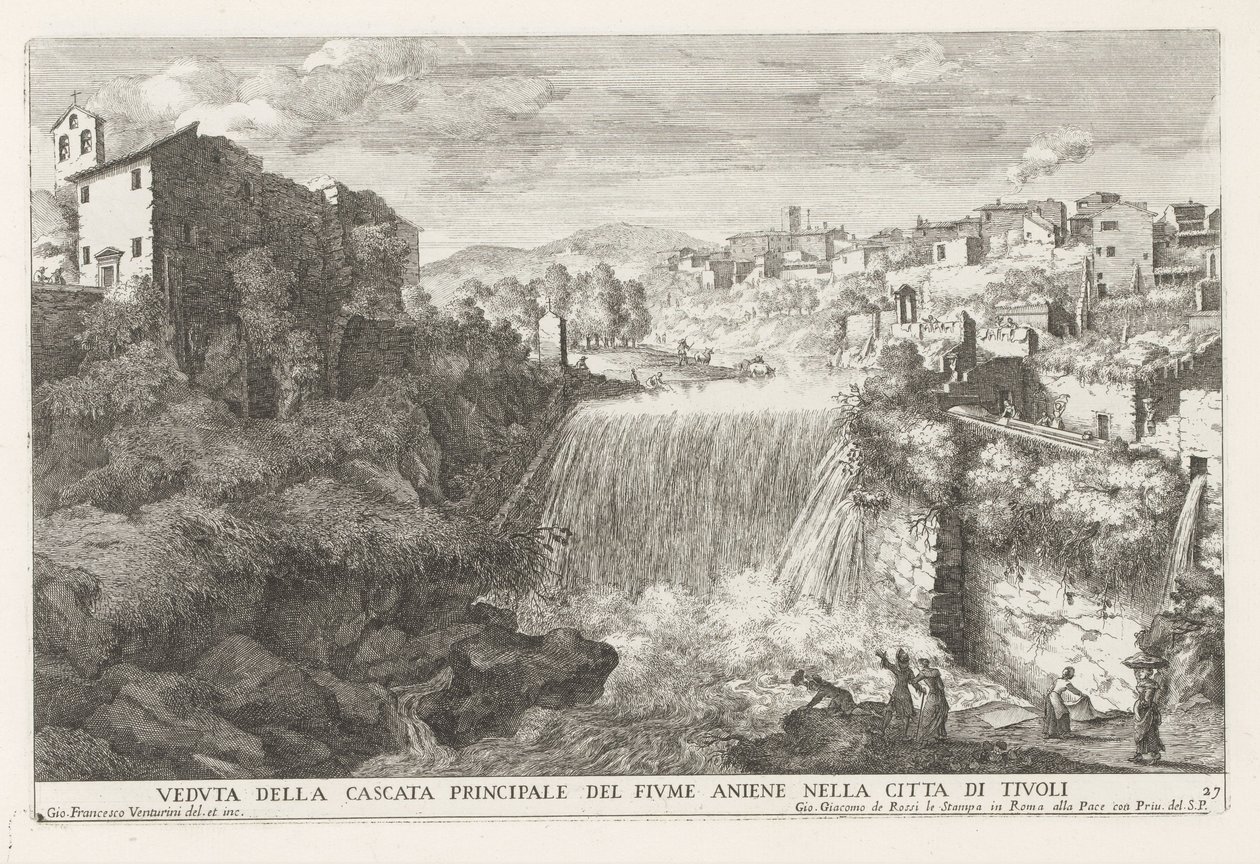 Waterval in de Rivier de Aniene Tivolissa Näkymä Aniene-joen päävesiputoukselle Tivolin kaupungissa (otsikko esineessä) Estense-puutarhan suihkulähteet Tivolissa (sarjan nimi) Fonteinen in de tuinen van Villa d