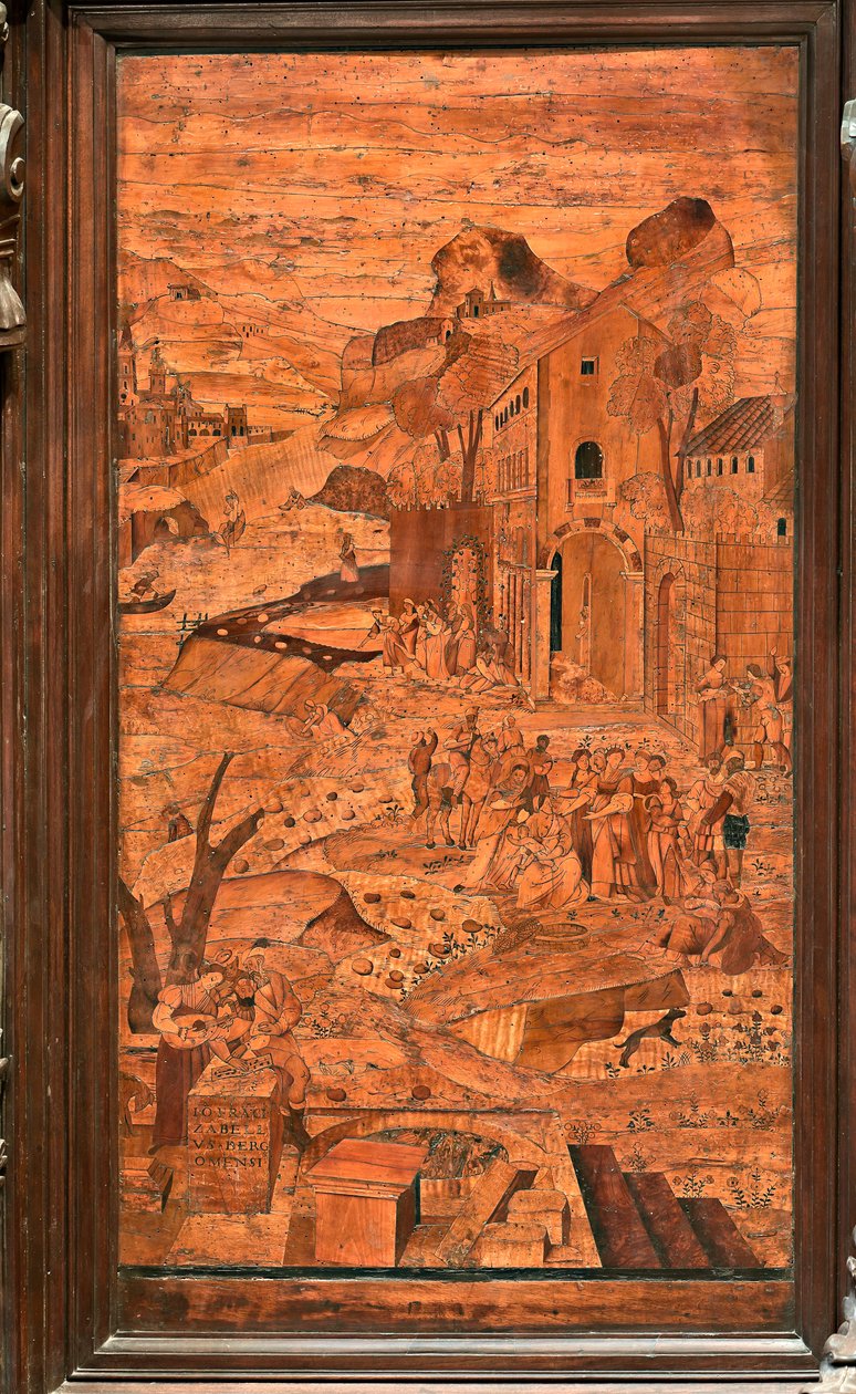 Genova, Duomo (Pyhän Laurentiuksen katedraali), sisällä, apsi, kuoro, pohjoispuoli: "Mooses pelastettu vedestä", Giovanni Francesco Zambellin puuintarsia (XVI vuosisata) tekijältä Giovanni Francesco Zambelli