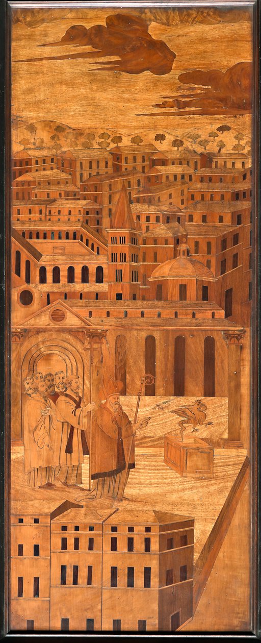 Genova, Duomo (St Lawrence Cathedral), sisällä, apsi, kuoro, pohjoispuoli: "St Syrus ajaa pois basiliskin", puuintarsia Anselmo De 