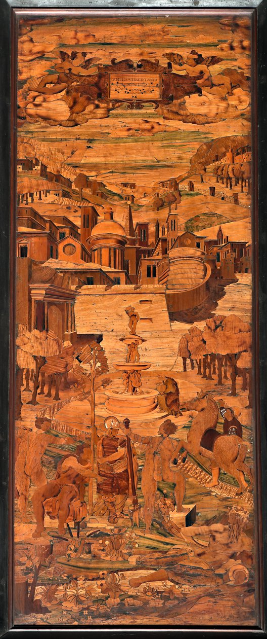 Genova, Duomo (Pyhän Laurentiuksen katedraali), sisältä, apsi, kuoro, eteläpuoli: "Allegory", Giovanni Francesco Zambellin puuintarsia (XVI vuosisata) tekijältä Giovanni Francesco Zambelli