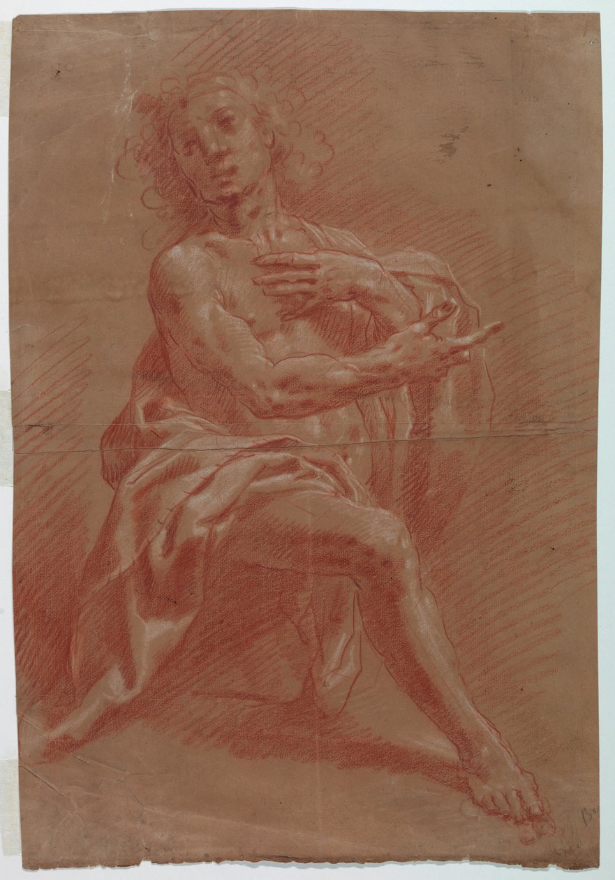 Piirros, polvistuva mies, Paimenten palvomista varten, 1601-1650. tekijältä Giovanni Giacomo Barbelli