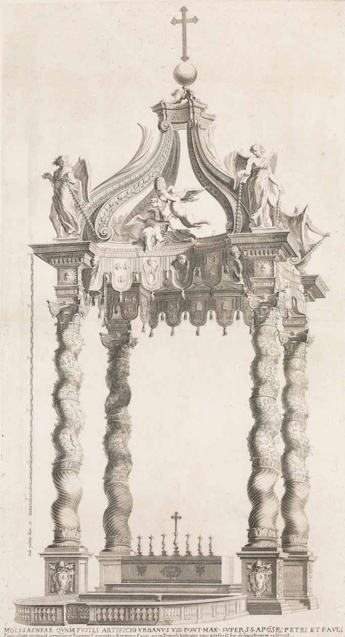 Yksittäinen näkymä Berninin katokselle. Levy 39 albumilta Pietarinkirkko..., 1653-91. tekijältä Giovanni Giacomo De Rossi