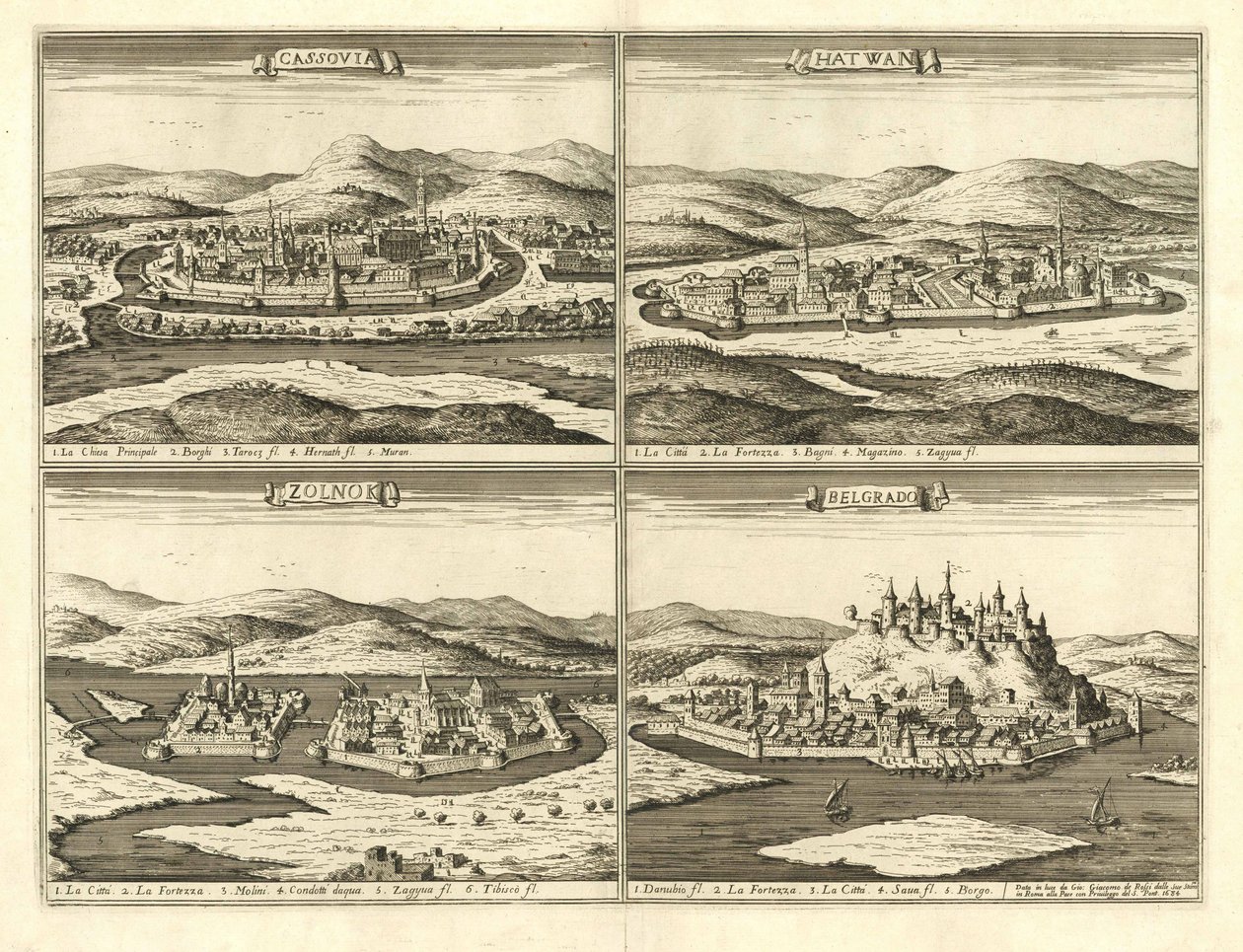 Košicen, Hatvanin, Szolnokin ja Belgradin linnat (Giovanni Giacomo De Rossi, 1683). tekijältä Giovanni Giacomo De Rossi