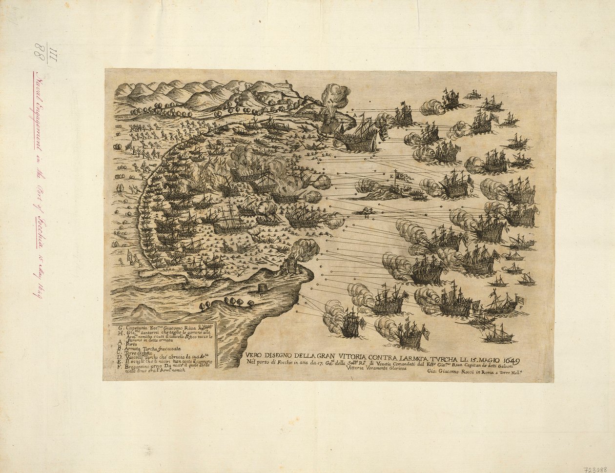 SUUREN VOITON TODELLINEN SUUNNITELMA LARMATA TVRCHA LI:TÄ VASTAAN. 15. TOUKOKUU 1649 Focchien satamassa Aasiassa by. 17. Ga:ni of the Sere:ma Re.a of Venetia Commanded by Ecc:mo Gia.mo Riua Captain of said Galleons Truly Glorious Victory tekijältä Giovanni Giacomo De Rossi
