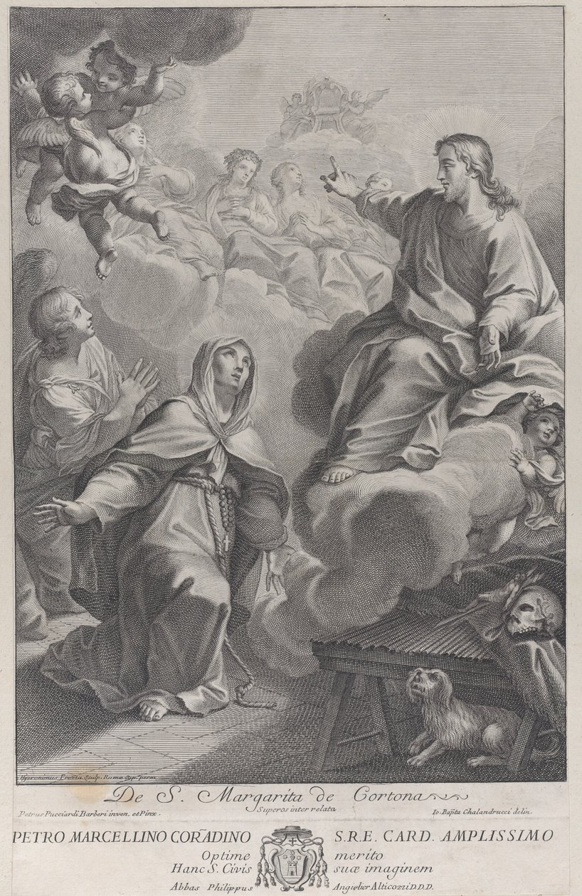 Pyhä Margarita Cortonalainen polvistumassa Kristuksen edessä, Pietro Andrea Pucciardin jälkeen..., n. 1702-1741 tekijältä Giovanni Girolamo Frezza