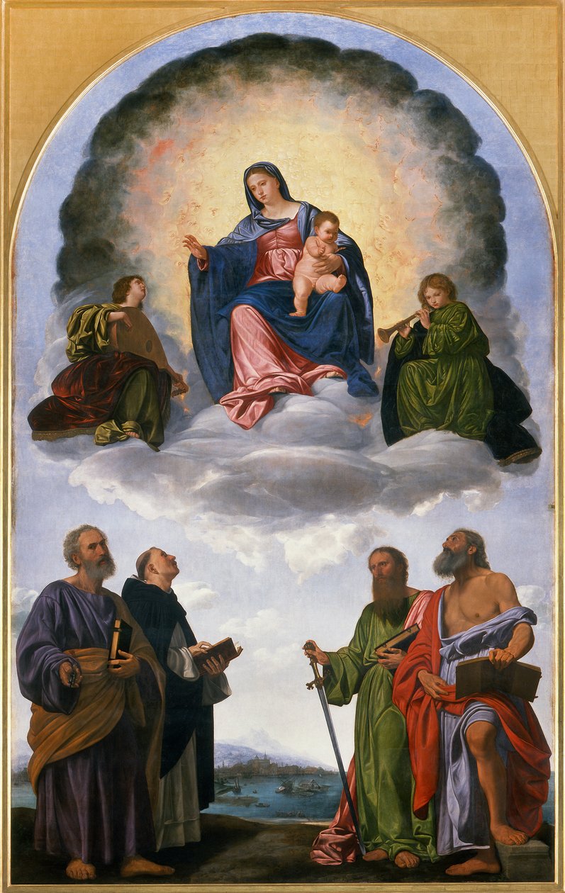 Madonna kunniassa Kristuslapsen kanssa, Kaksi enkeliä, muusikoita, Pyhä Pietari, St. Dominic, St. Paul ja St. Hieronymus (Pesaron alttaritaulu) tekijältä Giovanni Girolamo Savoldo