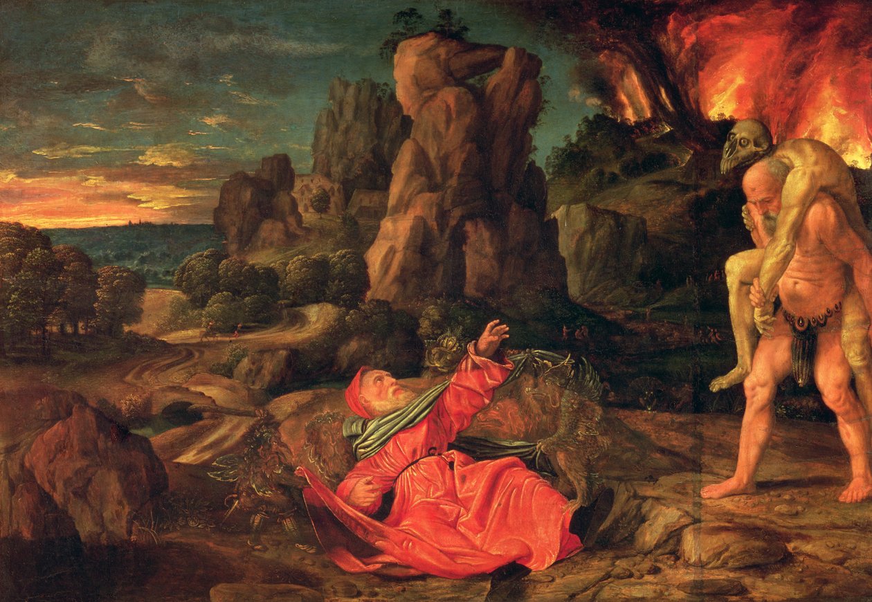 Pyhän Antoniuksen kiusaus, n. 1530 (öljy puulle) tekijältä Giovanni Girolamo Savoldo
