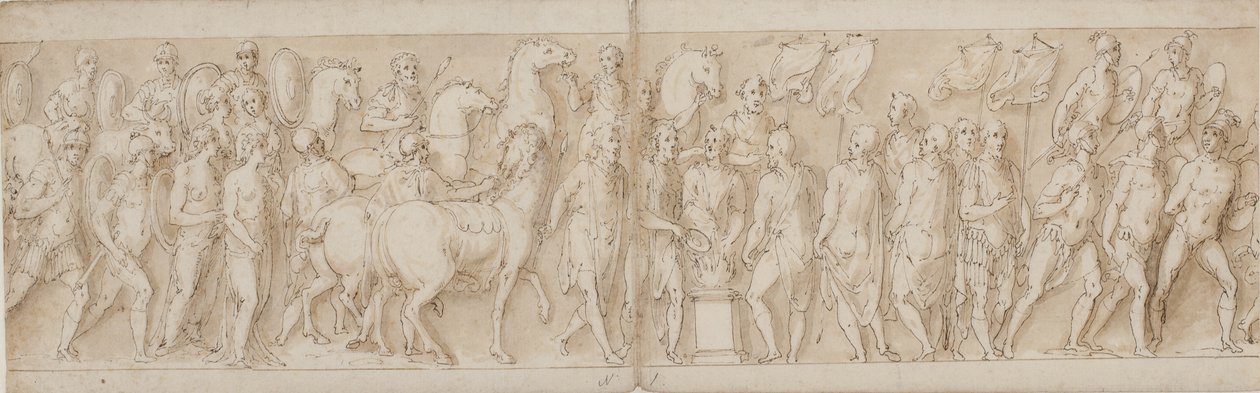 Vangitut naiset viedään pois (LXXIII:n loppu); hengenpelastajien paraati (LXXIV); Marcus Aurelius uhraa alttarilla (LXXV); Marcus Aurelius katselee hyökkäystä (LXXVI:n alku) tekijältä Giovanni Guerra