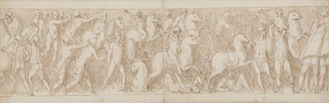 Pylvään restauroidun osan loppu (XLVII); sarmatialaiset ajetaan takaa suolle (XLVIII); roomalaiset hyökkäävät saksalaiseen (?) linnoitukseen (LIV:n alku) tekijältä Giovanni Guerra