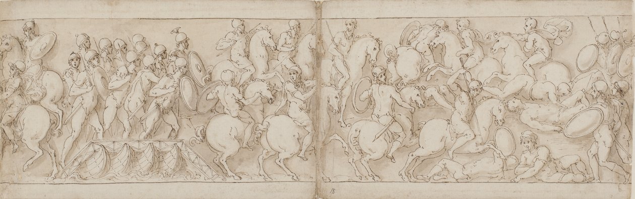 Marcus Aurelius lähtee laiturille jalkaväen ja ratsuväen kanssa (CVIII); etenevät roomalaiset torjuvat sarmatialaiset (CIX) tekijältä Giovanni Guerra