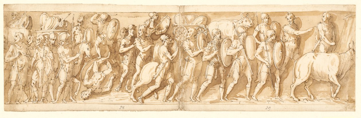 Roomalaiset marssissa (XXXVI); Marcus Aurelius, Pompeius ja avustaja katsovat marssia (XXXVII); marssin pysähdys (XXXVIII) tekijältä Giovanni Guerra