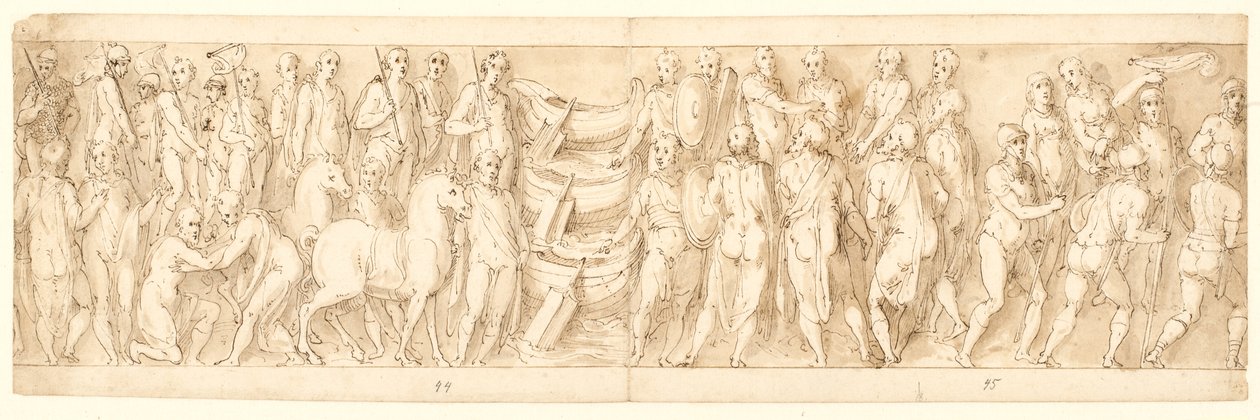 Sarmatialaiset antautuvat (LIII); Saksalaiset johdetaan Tonavan yli (LIX); Sarmatialaiset syyttivät saksalaisia ennen Marcus Aureliusta (LX); pään mestauskohtauksen alku (LXI) tekijältä Giovanni Guerra
