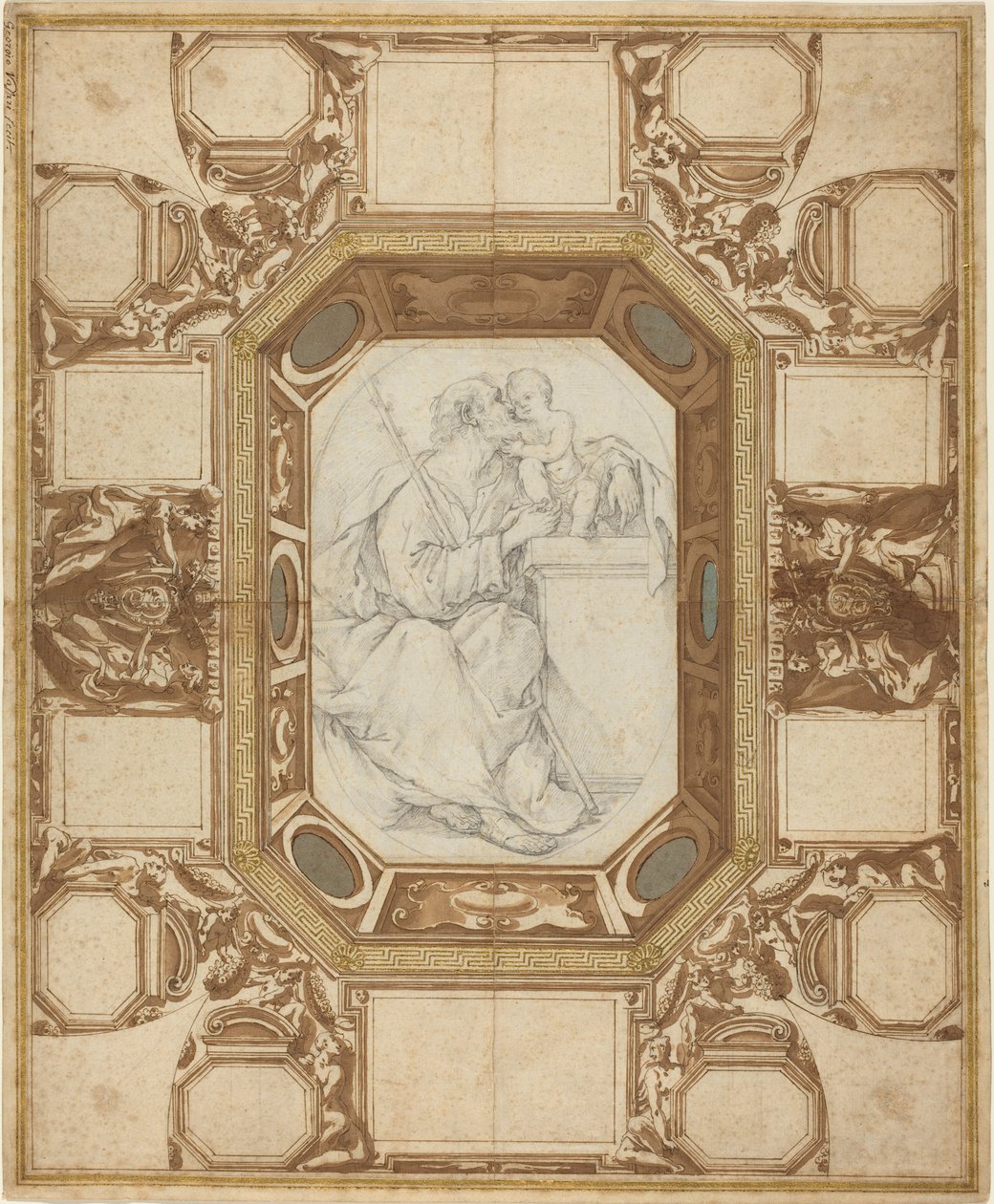 Katto allegorisilla hahmoilla ja paavi Sixtus V:n käsivarsilla (Guerran ulkopiirros); Pyhä Joosef ja Kristus-lapsi (Vianin keskuspiirros) tekijältä Giovanni Guerra and Domenico Maria Viani