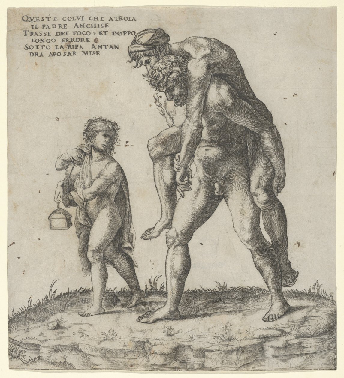 Aeneas pelastamassa Anchisesta, nuorta poikaa, joka kantaa lyhtyä vasemmalla, n. 1525, n. 1525. tekijältä Giovanni Jacopo Caraglio