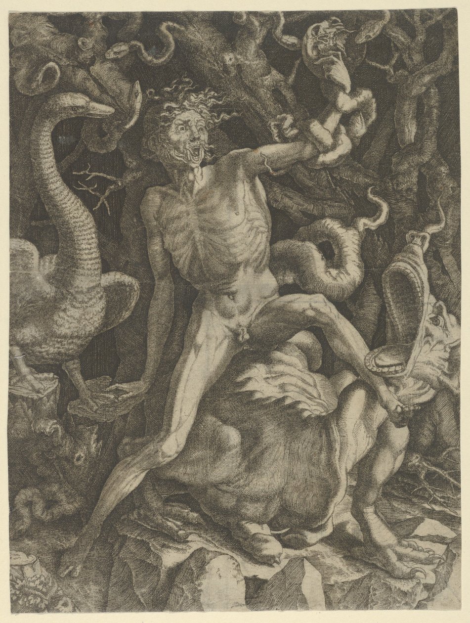 Fury personoitui vanhaksi mieheksi, joka ratsastaa hirviöllä, pitelee kalloa vasemmassa kädessään, noin 1520-39. tekijältä Giovanni Jacopo Caraglio