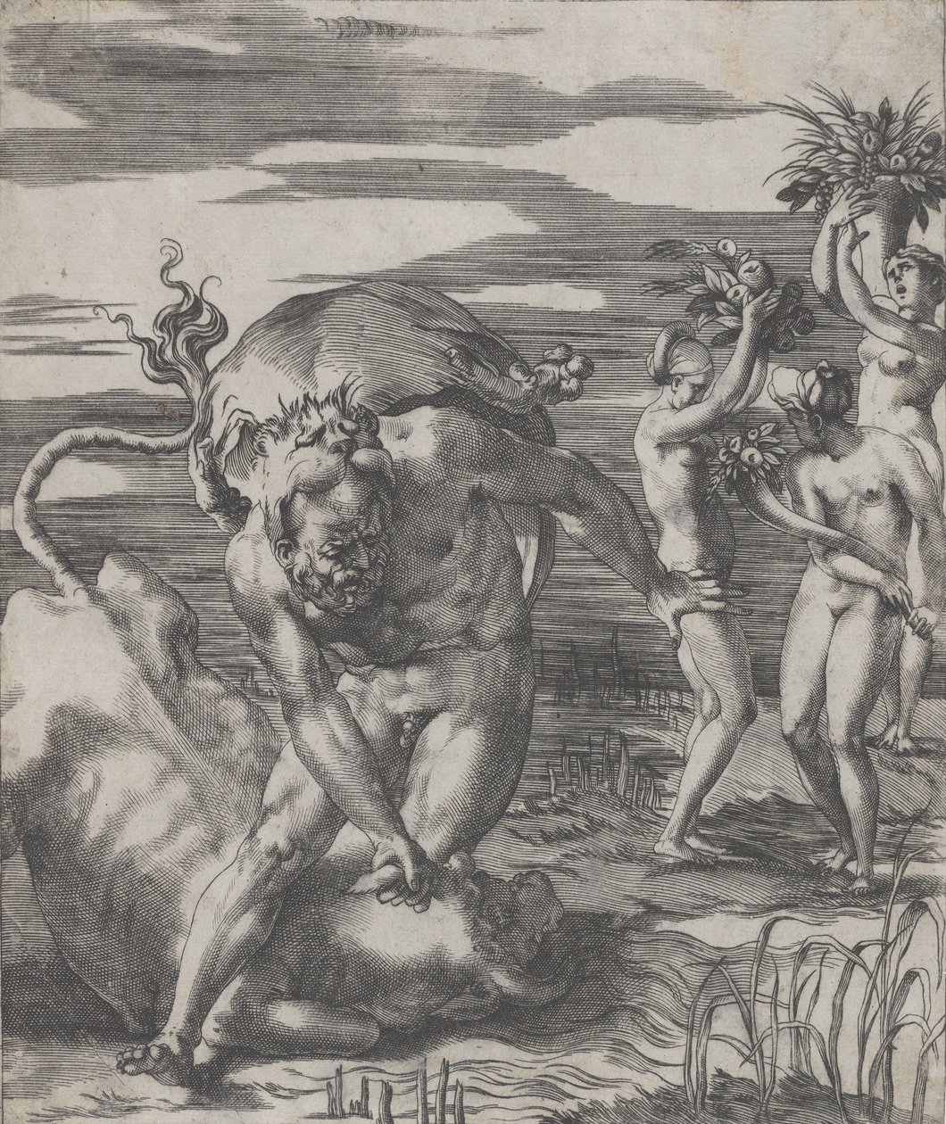 Hercules voitti jokijumalan Achelouksen härän muodossa, kolmen naisen kanssa..., n. 1526-27. tekijältä Giovanni Jacopo Caraglio