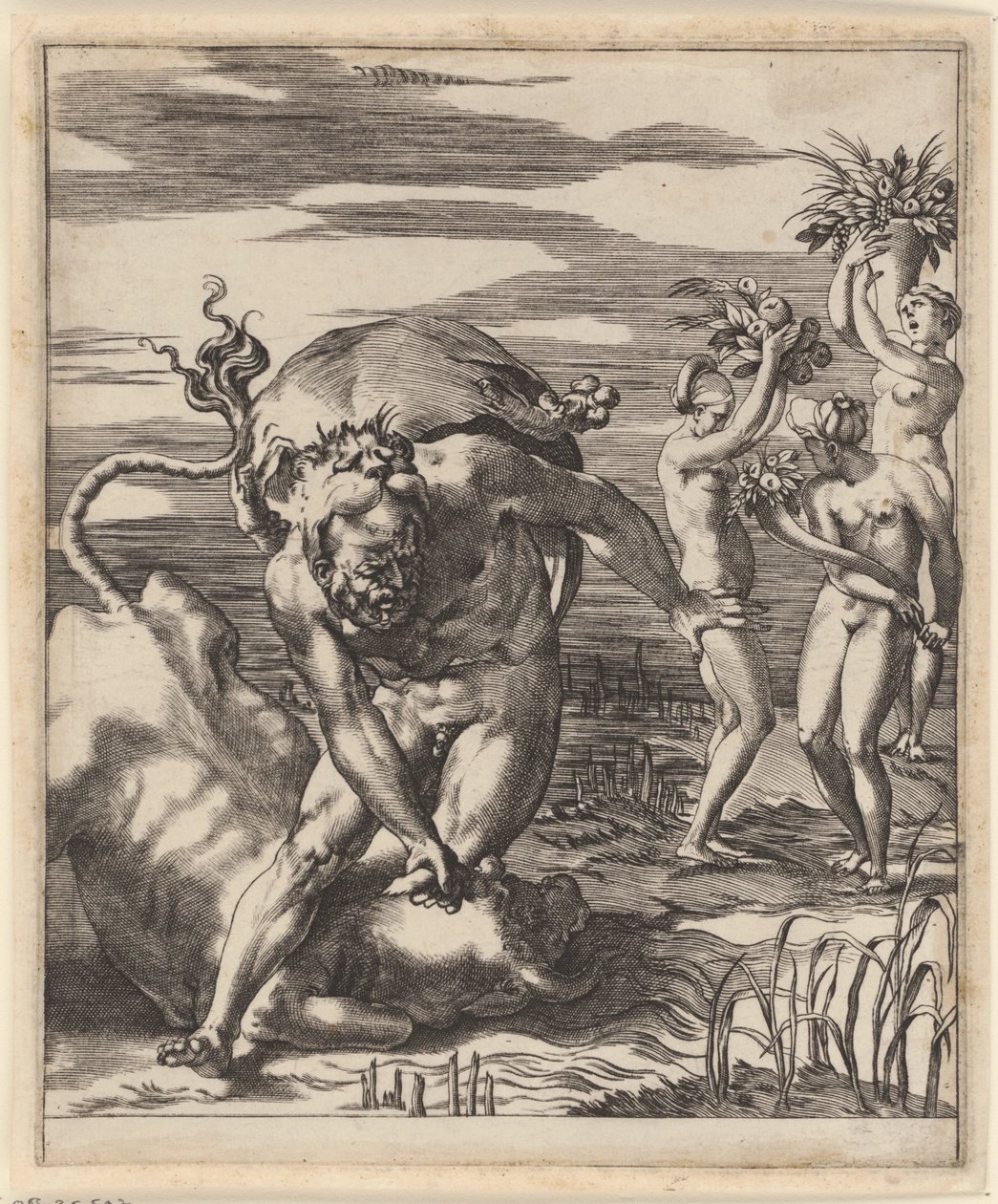 Hercules painii Achelousin kanssa Kohtauksia Herculesin kanssa (sarjan nimi) tekijältä Giovanni Jacopo Caraglio
