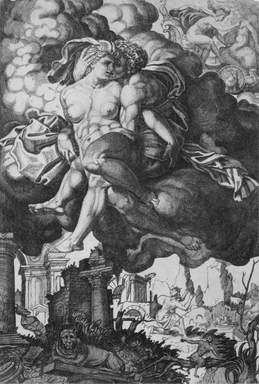 Ixion yrittää vietellä Junoa pilvien ympäröimänä raunioiden alla, n. 1520-39. tekijältä Giovanni Jacopo Caraglio