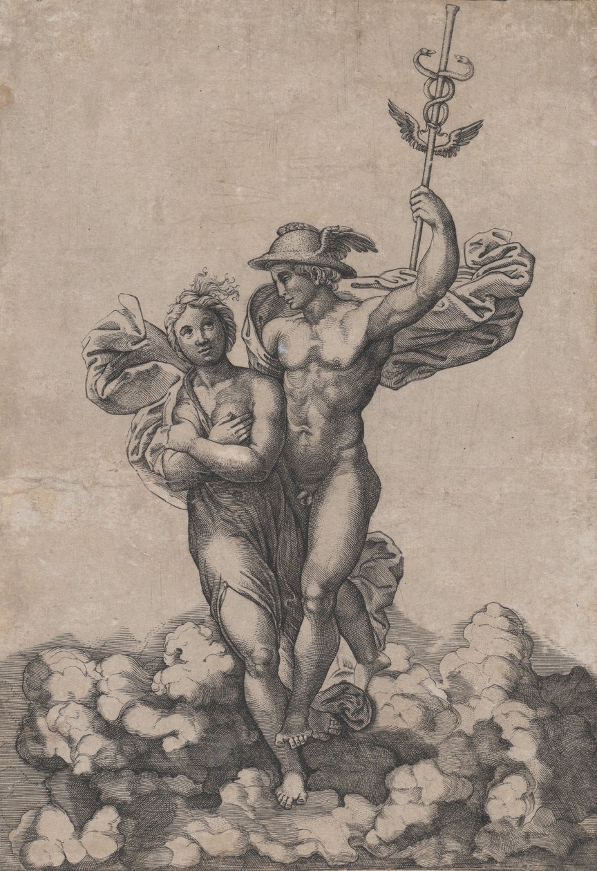 Merkurius kuljettaa Psycheä Olympukseen Rafaelin sävellyksen jälkeen Villa Farnesissa..., n. 1520-39. tekijältä Giovanni Jacopo Caraglio