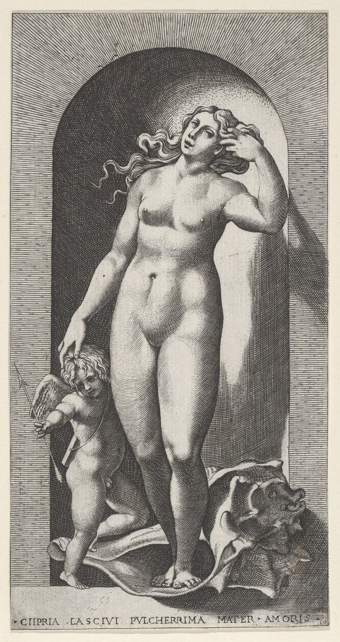 Levy 10: Venus kapealla, seisoo simpukankuorella, Amor oikealla puolellaan, ser..., 1526. tekijältä Giovanni Jacopo Caraglio