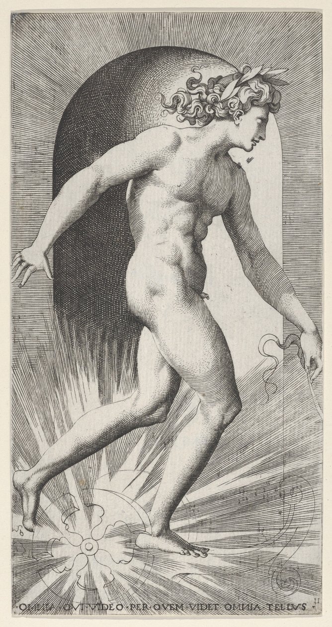 Levy 11: Apollo ratsastaa vaunuillaan kapealla, oikealle, sarjasta Mythologica..., 1526. tekijältä Giovanni Jacopo Caraglio