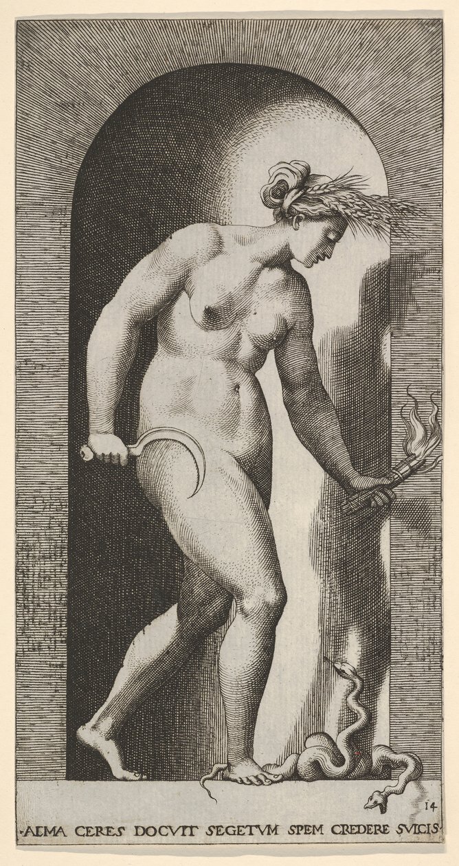 Levy 14: Ceres kapealla, oikealle päin, seisoo kaksipäisen käärmeen päällä ja pitelee h..., 1526. tekijältä Giovanni Jacopo Caraglio