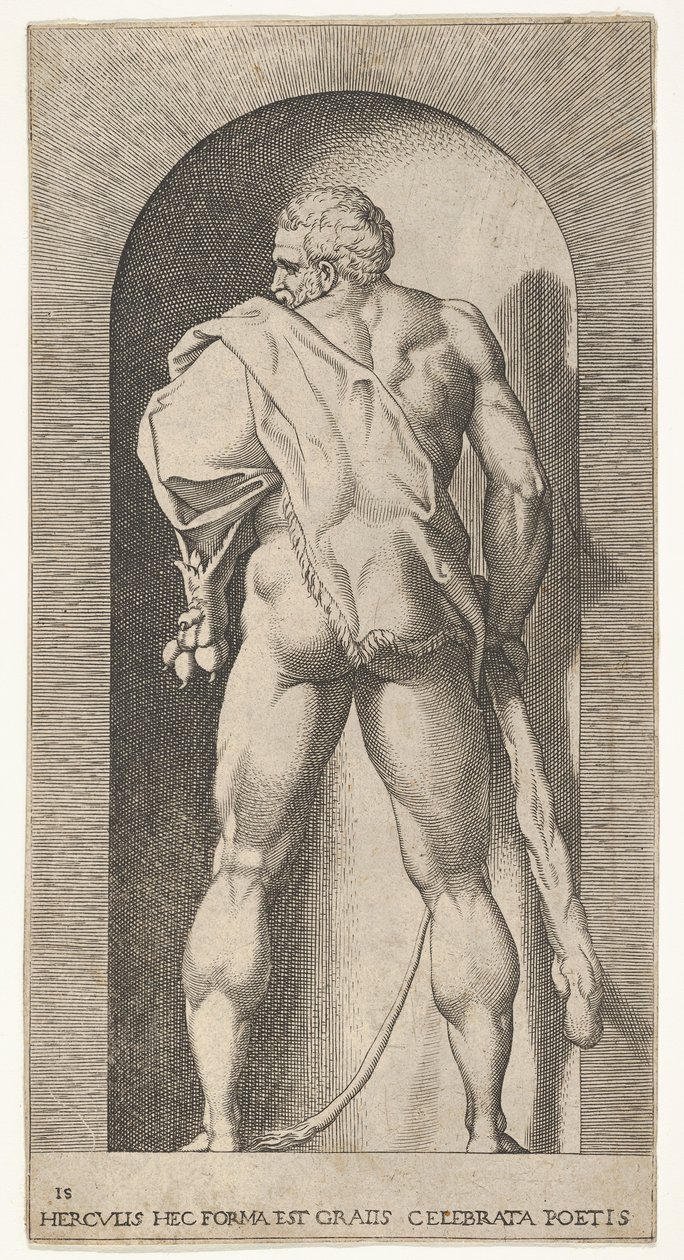Levy 15: Herkules seisomassa markkinaraossa, yllään leijonanaha ja kädessään nuija, katsottuna edestäpäin..., 1526. tekijältä Giovanni Jacopo Caraglio
