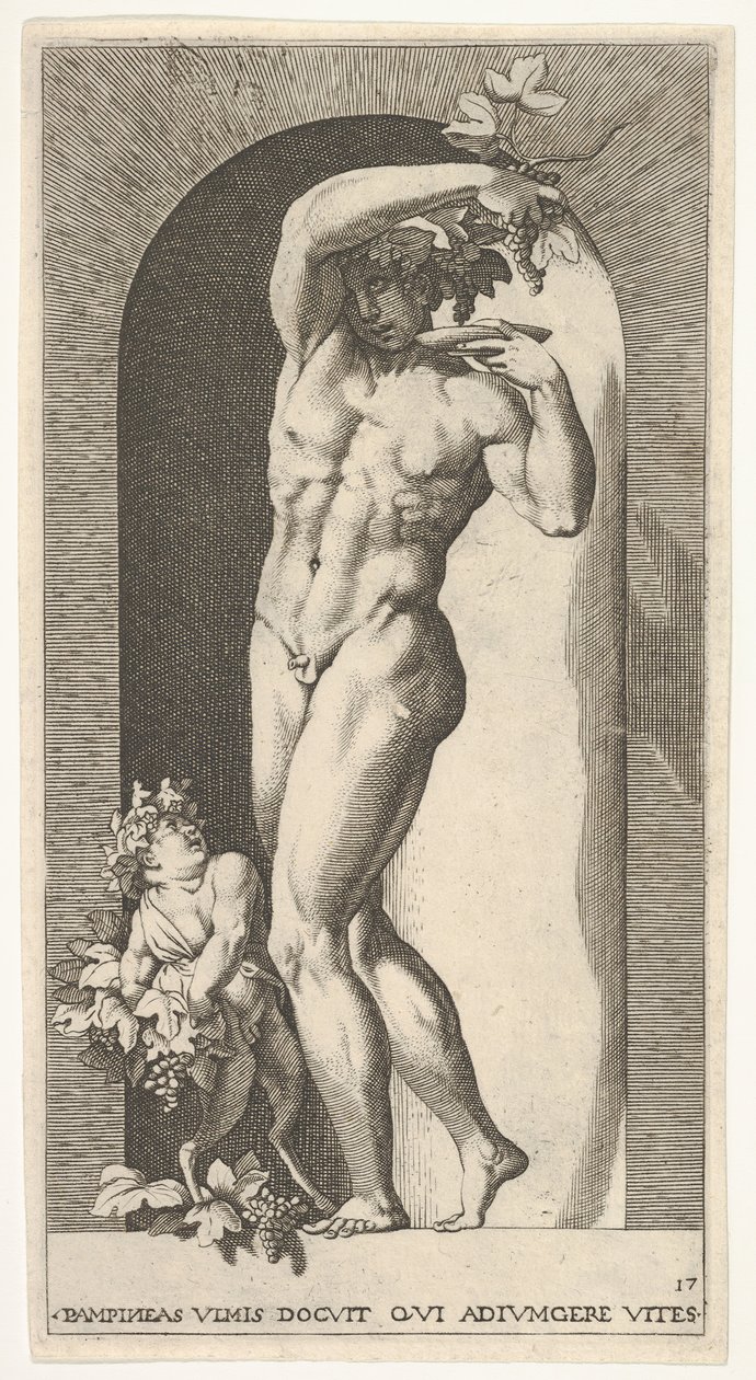 Levy 17: Bacchus seisomassa raossa, pitelee viinirypäleitä lautasen päällä, mukana infa..., 1526. tekijältä Giovanni Jacopo Caraglio